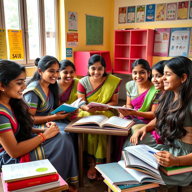 A vibrant and lively classroom scene with a group of Indian school girls sitting together