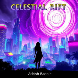 A sweeping, panoramic view of Nova Prime showcasing glowing skyscrapers and vibrant neon-lit gardens that stretch towards a swirling rift in the sky