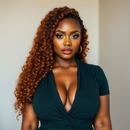 A sexy woman standing at 5’4’’ with a fair olive complexion, showcasing her natural long auburn 4C curly hair that beautifully frames her face