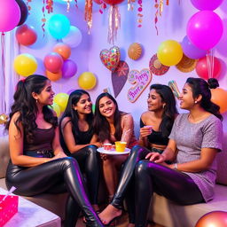A lively party scene featuring a group of Indian girls aged 15, wearing stylish tight latex pants and trendy tops