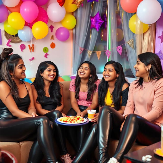 A lively party scene featuring a group of Indian girls aged 15, wearing stylish tight latex pants and trendy tops