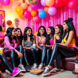 A lively party scene featuring a group of Indian girls aged 15, wearing stylish tight latex pants and trendy tops