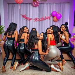 A vibrant party scene featuring a group of Indian girls aged 15 wearing trendy, tight latex pants and stylish tops