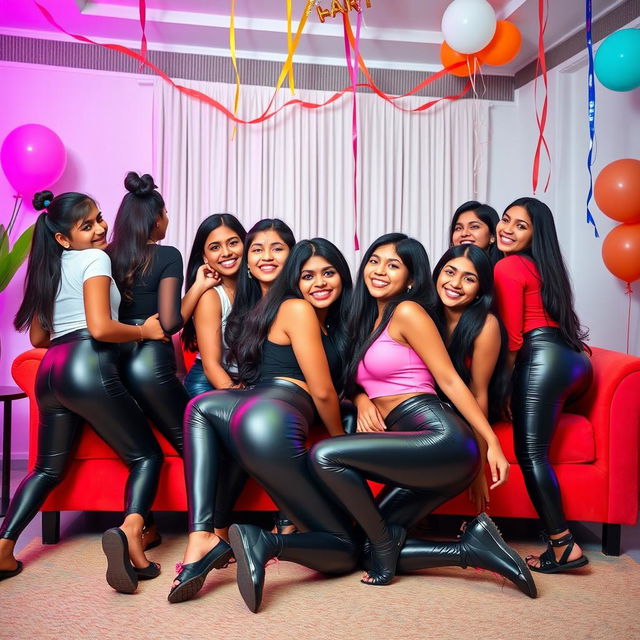 A vibrant party scene featuring a group of Indian girls aged 15 wearing fashionable tight latex pants and trendy tops