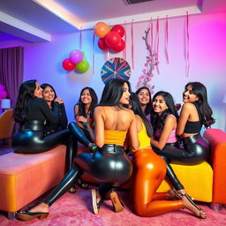 A vibrant party scene featuring a group of Indian girls aged 15 wearing fashionable tight latex pants and trendy tops