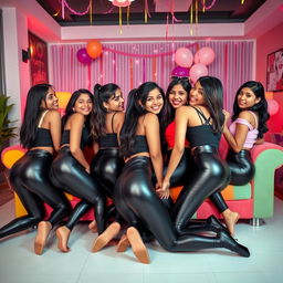 A vibrant party scene featuring a group of Indian girls aged 15 wearing fashionable tight latex pants and trendy tops