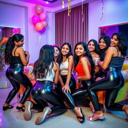 A vibrant party scene featuring a group of Indian girls aged 15 wearing fashionable tight latex pants and trendy tops