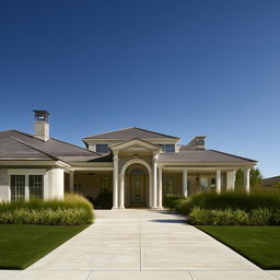 A stunning view of a home featuring an elegant portico entryway and a paved driveway, set against a clear blue sky.