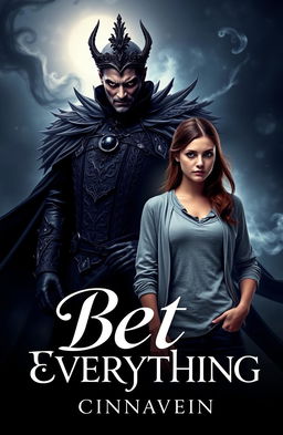 A visually striking book cover design featuring a beautiful and dangerous lord of darkness, exuding an air of mystique and power, alongside an ordinary woman who looks determined and resilient