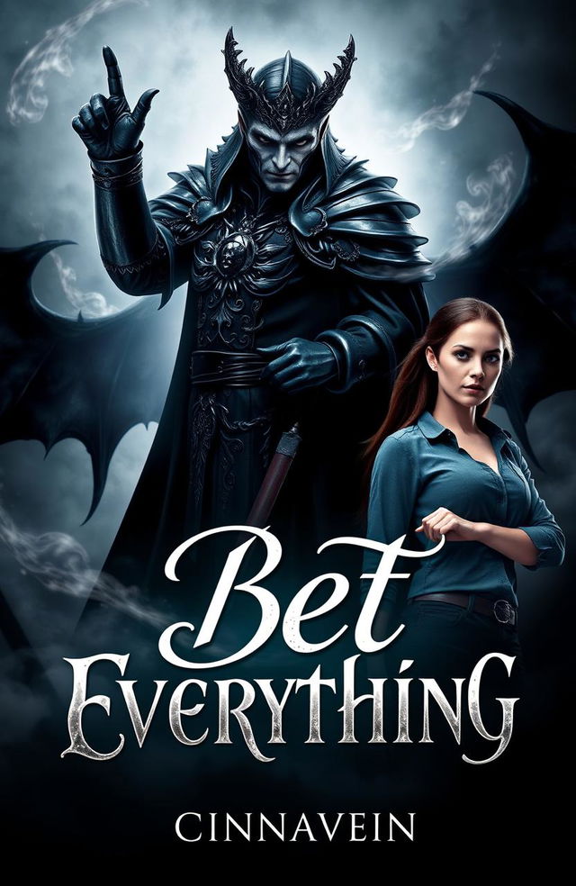 A visually striking book cover design featuring a beautiful and dangerous lord of darkness, exuding an air of mystique and power, alongside an ordinary woman who looks determined and resilient