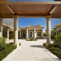 A stunning view of a home featuring an elegant portico entryway and a paved driveway, set against a clear blue sky.