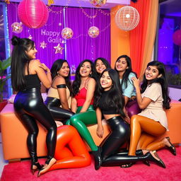 A lively party scene featuring a group of Indian girls aged 15 wearing trendy tight latex pants and stylish tops