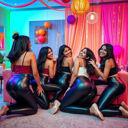 A lively party scene featuring a group of Indian girls aged 15 wearing trendy tight latex pants and stylish tops