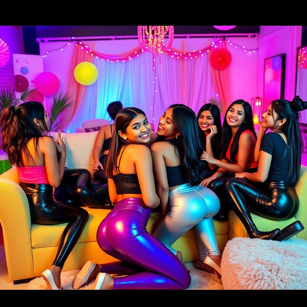 A lively party scene featuring a group of Indian girls aged 15 wearing trendy tight latex pants and stylish tops