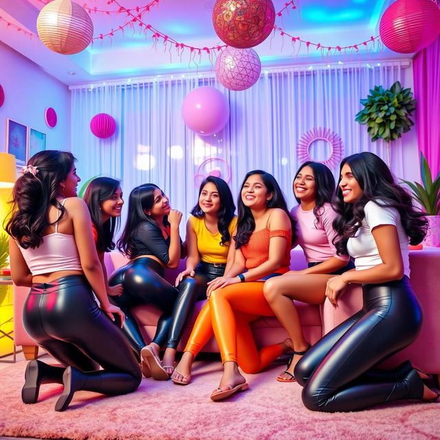 A lively party scene featuring a group of Indian girls aged 15 wearing trendy tight latex pants and stylish tops