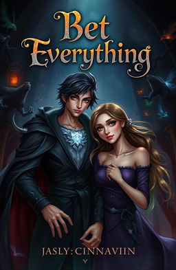 A fantastical scene depicting a beautiful young lord of darkness, characterized by striking features, flowing dark attire, and an aura of mystery, standing confidently next to an ordinary woman with an expressive, curious demeanor
