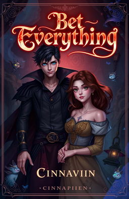 A fantastical scene depicting a beautiful young lord of darkness, characterized by striking features, flowing dark attire, and an aura of mystery, standing confidently next to an ordinary woman with an expressive, curious demeanor