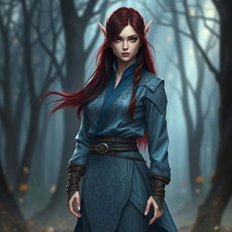 A female high elf dressed in a unique grey and blue monk outfit