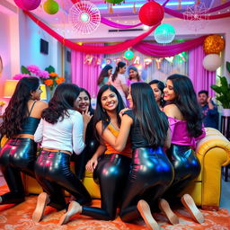 A lively and energetic party scene featuring a group of Indian girls aged 15, dressed in stylish tight latex pants and fashionable tops