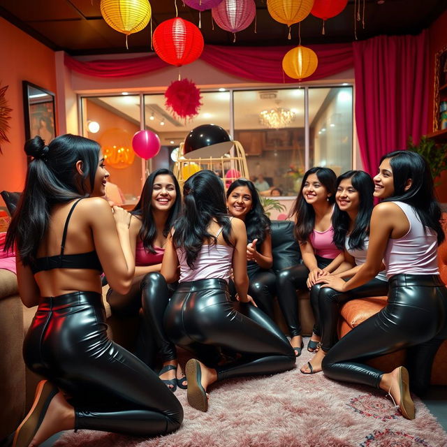 A lively and energetic party scene featuring a group of Indian girls aged 15, dressed in stylish tight latex pants and fashionable tops