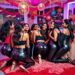 A lively and energetic party scene featuring a group of Indian girls aged 15, dressed in stylish tight latex pants and fashionable tops