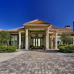 A stunning view of a home featuring an elegant portico entryway and a paved driveway, set against a clear blue sky.