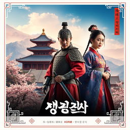 A captivating Korean historical movie poster featuring a majestic palace set against a backdrop of mountains and cherry blossom trees in full bloom