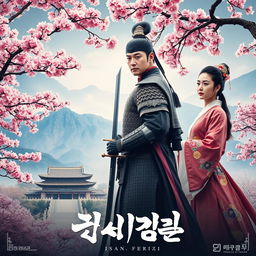 A captivating Korean historical movie poster featuring a majestic palace set against a backdrop of mountains and cherry blossom trees in full bloom