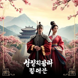 A captivating Korean historical movie poster featuring a majestic palace set against a backdrop of mountains and cherry blossom trees in full bloom