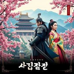 A captivating Korean historical movie poster featuring a majestic palace set against a backdrop of mountains and cherry blossom trees in full bloom