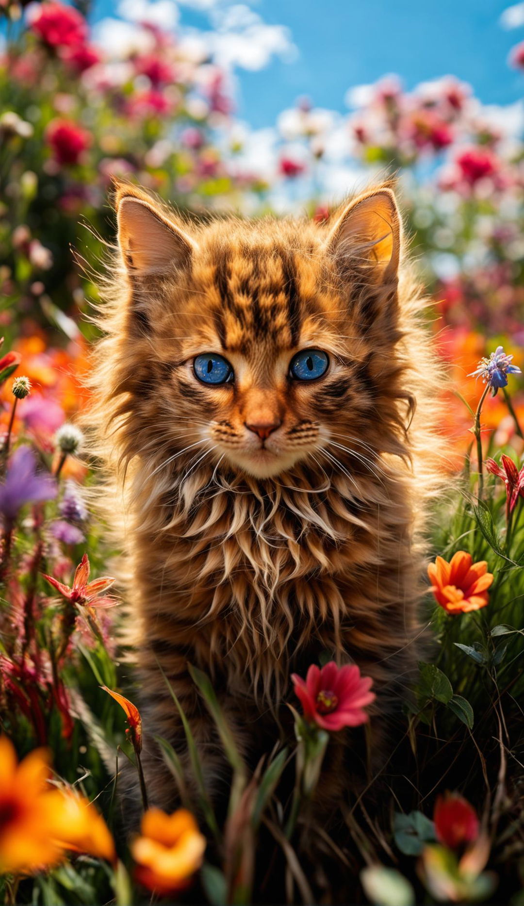 A high-resolution photograph taken with a Sony α7 III and Sony FE 25mm lens, featuring a long-haired, fluffy ginger kitten with sapphire blue eyes sitting amidst a field of colorful wildflowers under a clear blue sky