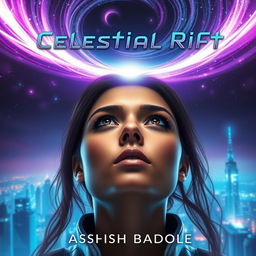 A dramatic close-up portrait of the heroine from 'Celestial Rift', with her intense gaze directed upward toward the swirling celestial rift above the futuristic city of Nova Prime