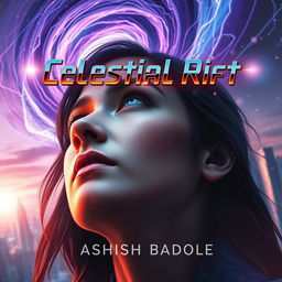 A dramatic close-up portrait of the heroine from 'Celestial Rift', with her intense gaze directed upward toward the swirling celestial rift above the futuristic city of Nova Prime