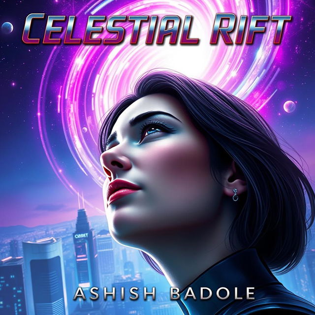 A dramatic close-up portrait of the heroine from 'Celestial Rift', with her intense gaze directed upward toward the swirling celestial rift above the futuristic city of Nova Prime