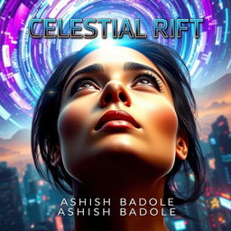 A dramatic close-up portrait of the heroine from 'Celestial Rift', with her intense gaze directed upward toward the swirling celestial rift above the futuristic city of Nova Prime