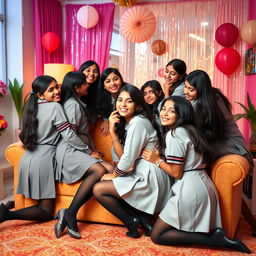A lively and colorful party scene featuring a group of Indian girls aged 15 in stylish school uniforms with black tight stockings