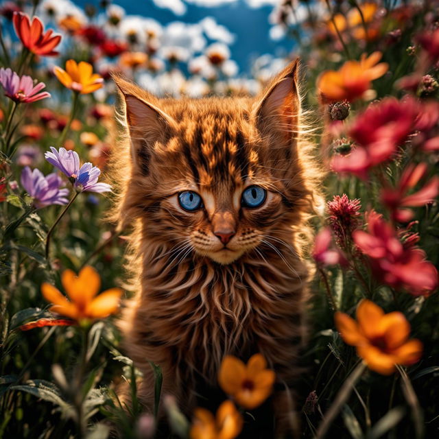 A high-resolution photograph taken with a Sony α7 III and Sony FE 25mm lens, featuring a long-haired, fluffy ginger kitten with sapphire blue eyes sitting amidst a field of colorful wildflowers under a clear blue sky