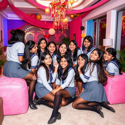 A lively and colorful party scene featuring a group of Indian girls aged 15 in stylish school uniforms with black tight stockings