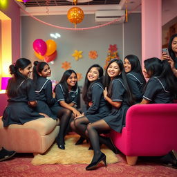 A lively and colorful party scene featuring a group of Indian girls aged 15 in stylish school uniforms with black tight stockings