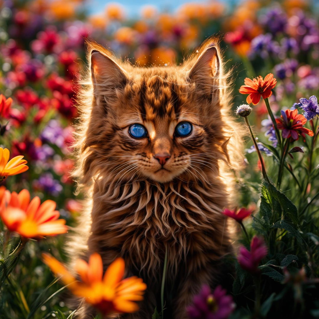 A high-resolution photograph taken with a Sony α7 III and Sony FE 105mm lens, featuring a long-haired, fluffy ginger kitten with sapphire blue eyes sitting amidst a field of colorful wildflowers under a clear blue sky