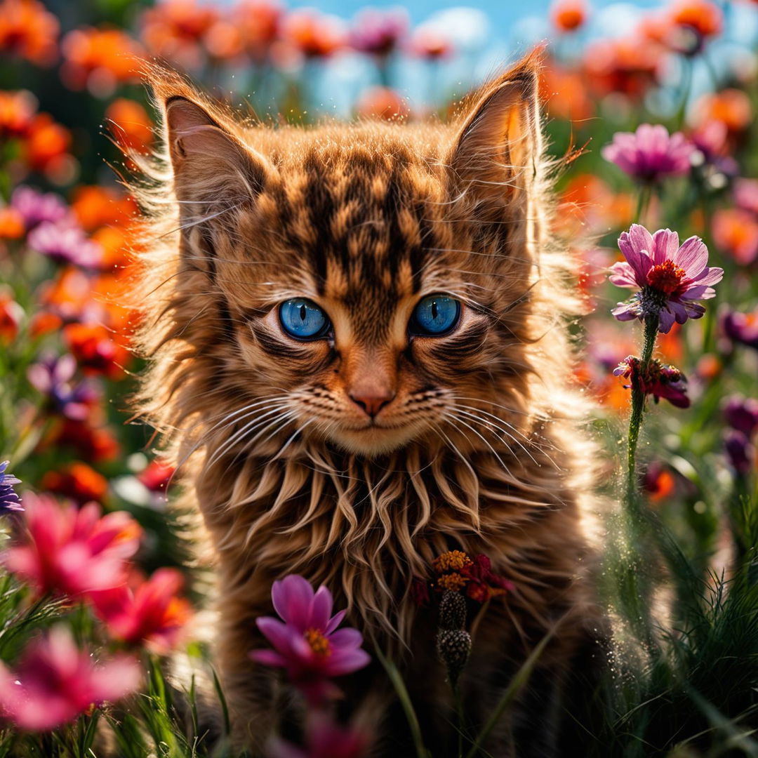 A high-resolution photograph taken with a Sony α7 III and Sony FE 105mm lens, featuring a long-haired, fluffy ginger kitten with sapphire blue eyes sitting amidst a field of colorful wildflowers under a clear blue sky