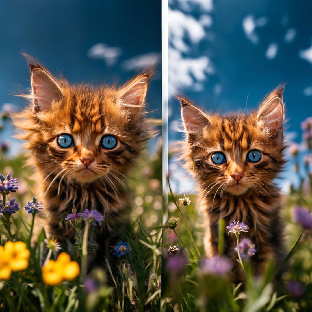 A side-by-side comparison of two high-resolution photographs taken with a Sony α7 III, one using a Sony FE 25mm lens and the other using a Sony FE 105mm lens, both featuring a long-haired, fluffy ginger kitten with sapphire blue eyes sitting amidst a field of colorful wildflowers under a clear blue sky