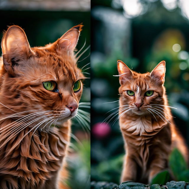 Two photographs of a ginger cat taken with Sony α7 III camera: one using a 25mm lens showing a wider view with blurred garden background; the other using a 105mm lens for a close-up portrait with detailed fur and abstract background