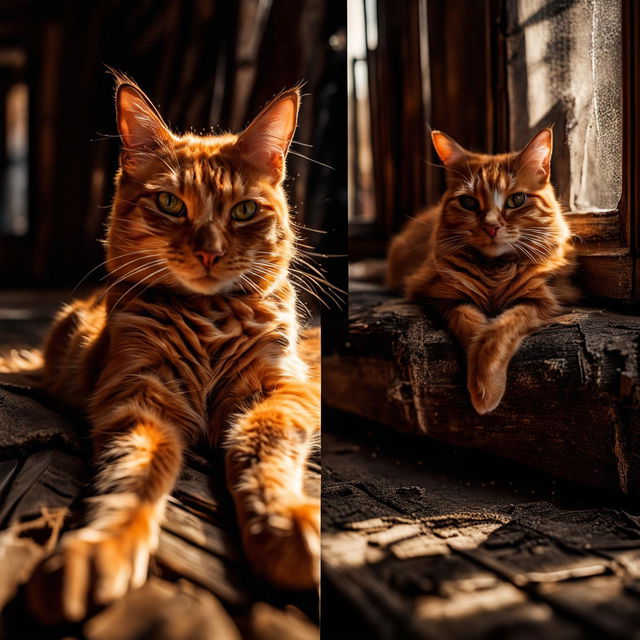 Two photographs of a ginger cat taken with Sony α7 III: one using a 25mm lens showing a wider scene and the other using a 105mm lens focusing on close-up details