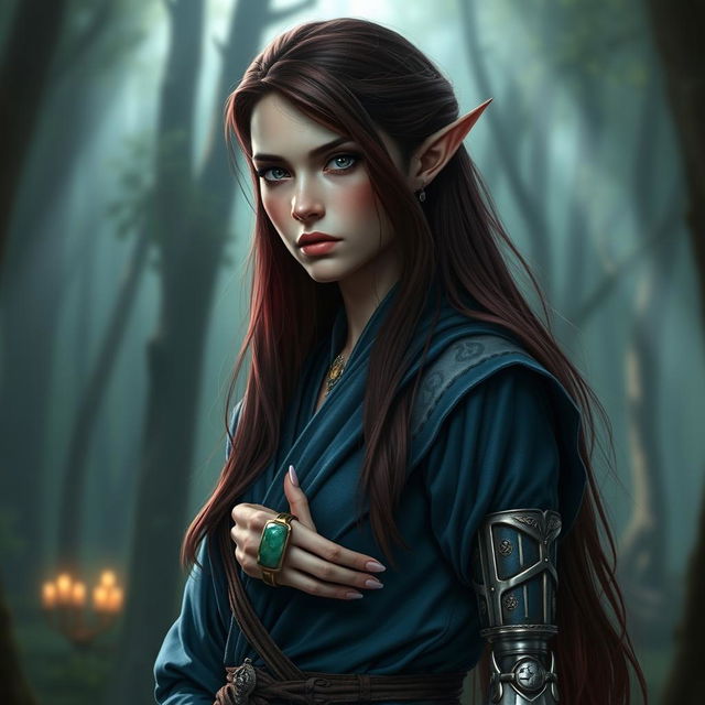 A female high elf with long dark red hair and piercing grey eyes, displaying a serious expression