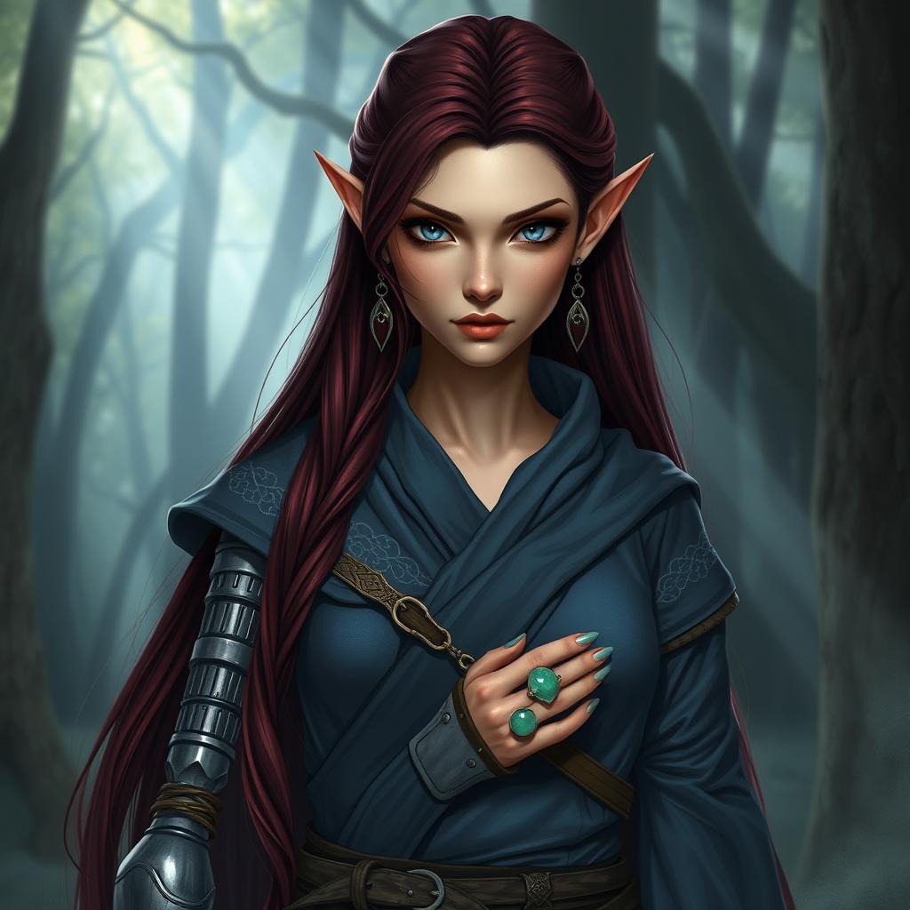 A female high elf with long dark red hair and piercing grey eyes, displaying a serious expression