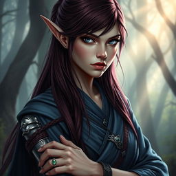 A female high elf with long dark red hair and piercing grey eyes, displaying a serious expression