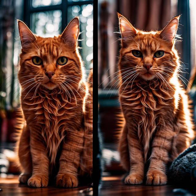 Side-by-side comparison of a full-body shot of a ginger cat taken with Sony α7 III camera: one with a 25mm lens showing a wider view and slightly blurred background; and another with a 105mm lens offering a zoomed-in perspective with more pronounced details and significantly blurred background