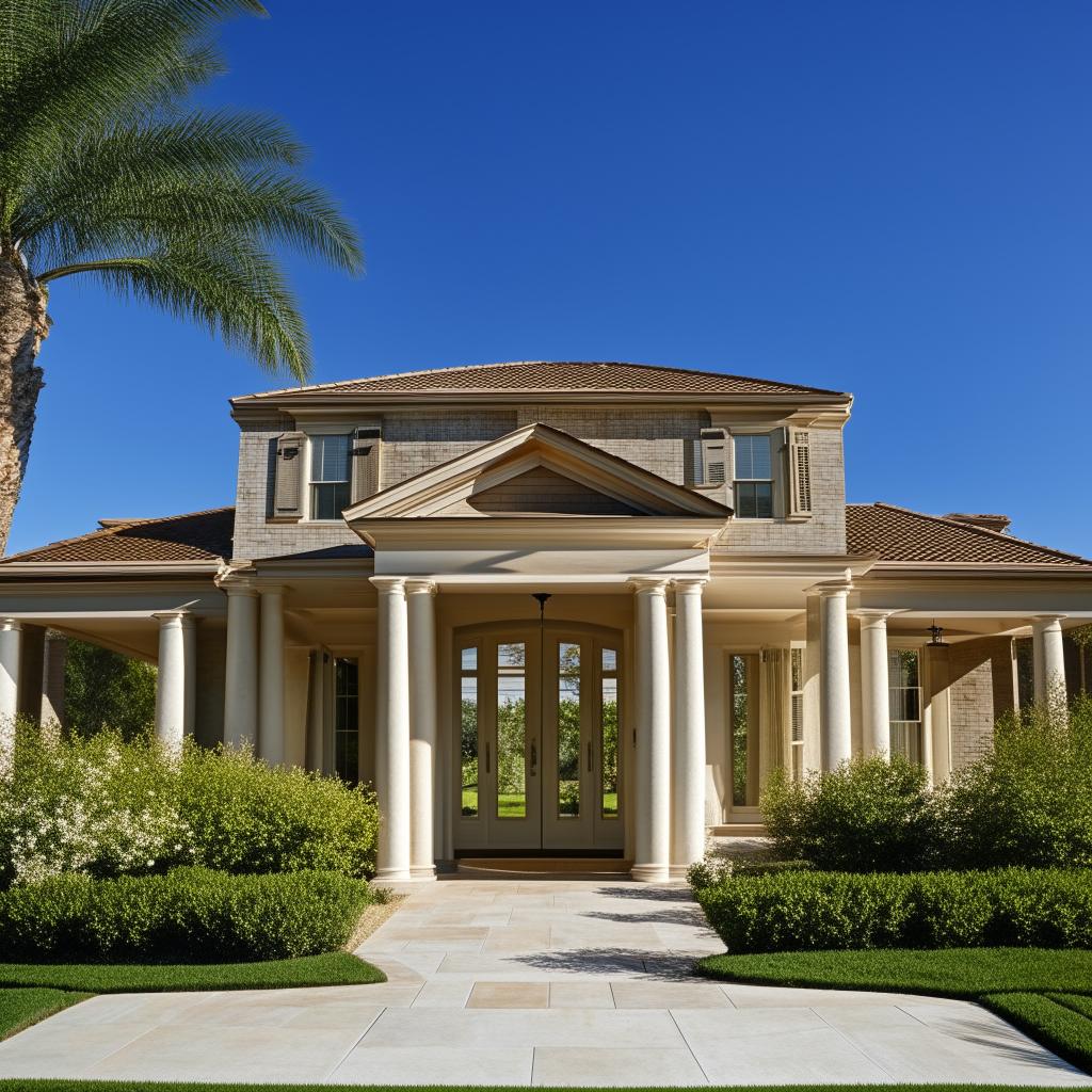 A stunning view of a home featuring an elegant portico entryway and a paved driveway, set against a clear blue sky.