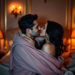 A sensual intimate moment between a couple in an elegantly decorated bedroom, soft ambient lighting creates a warm atmosphere, showcasing their affectionate interactions, with gentle kisses and tender embraces